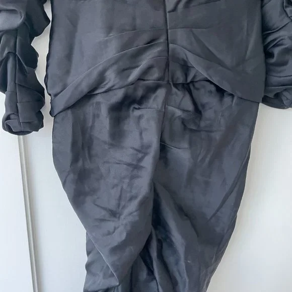 Khaite Shawna Ruched Satin Crepe Midi Dress Black High Slit Square Neckline - Picture 14 of 15